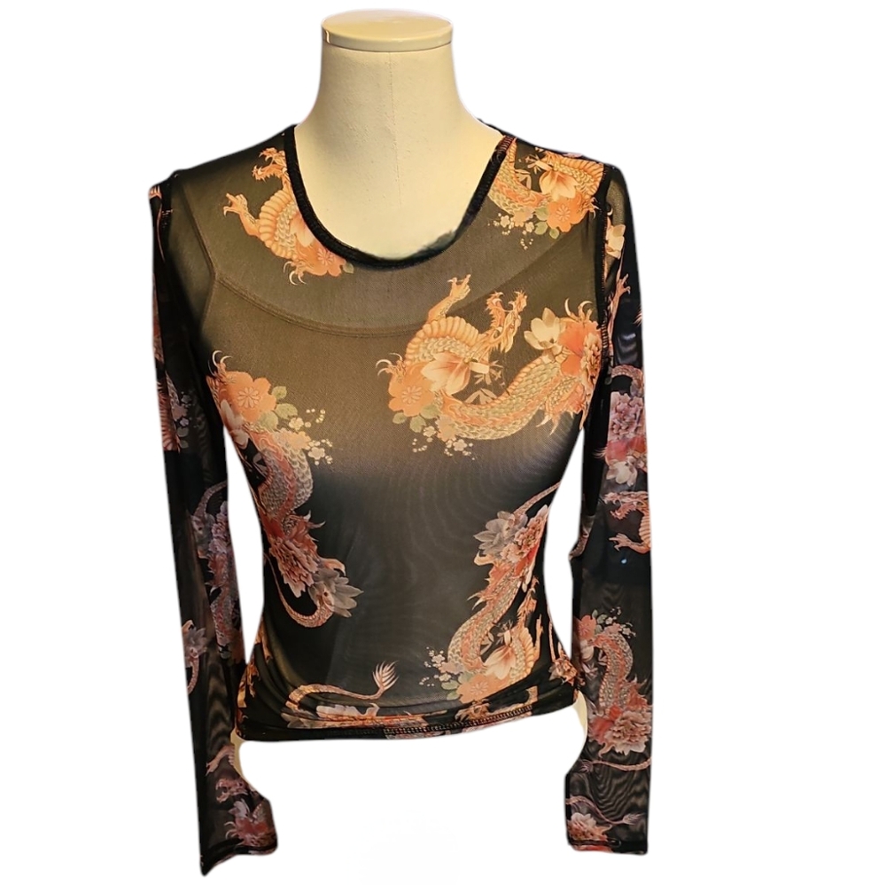 Sheer Black and Orange Dragon Print Top